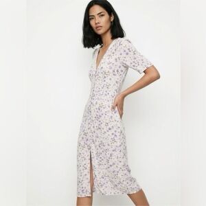 H&M Womens Multi-Floral Dress M V Neck Button‎ Down Maxi Cottagecore Peasant